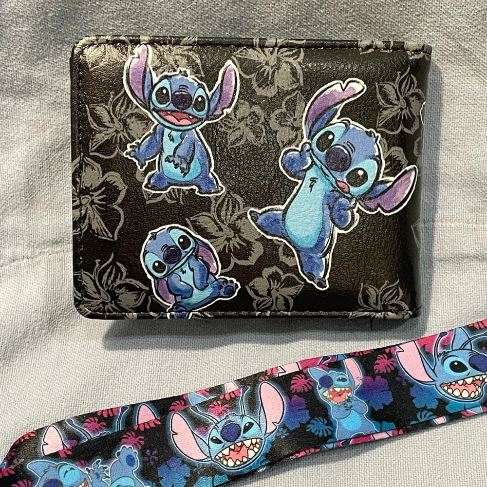 NEW‎ Disney Stitch w/ Tropical Flowers Bifold Wallet & Lanyard by Buckle-Down